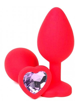 Красная силиконовая пробка с сиреневым кристаллом-сердечком - 7 см.