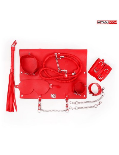 Красный набор БДСМ в сумке: маска, ошейник с поводком, наручники, оковы, плеть