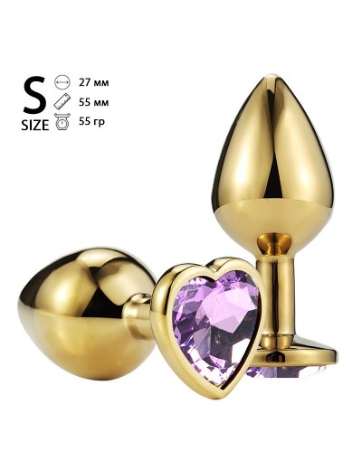 Золотистая анальная пробка с сиреневым кристаллом-сердечком - 6,8 см.