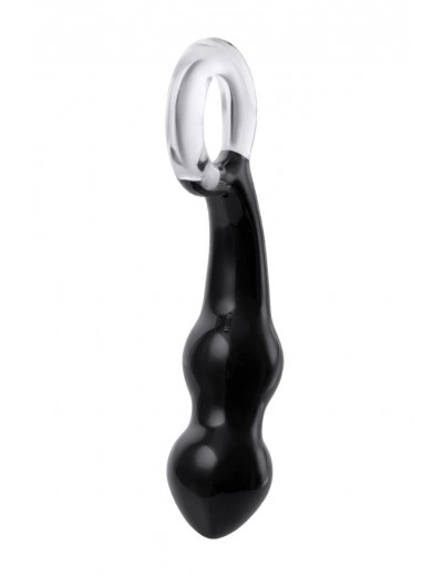 Чёрный анальный стимулятор из стекла с ручкой-кольцом - 17 см.