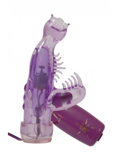 Фиолетовый мини-вибратор со стимулятором клитора - 13 см.
