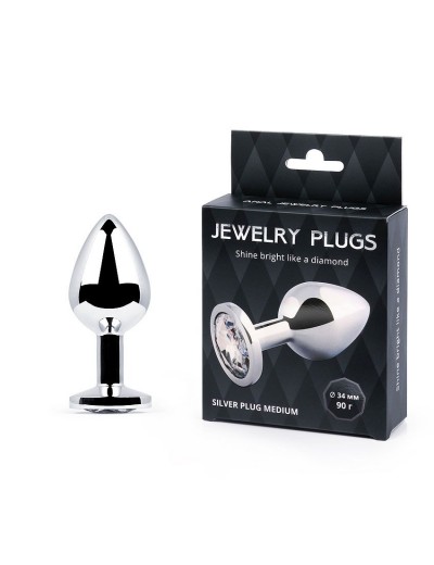 Анальная пробка SILVER PLUG MEDIUM с прозрачным кристаллом - 8,2 см.