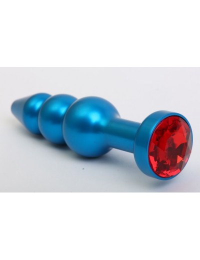 Синяя фигурная анальная пробка с красным кристаллом - 11,2 см.