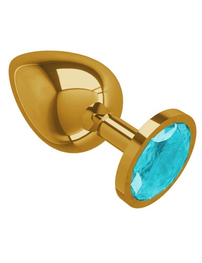 Золотистая большая анальная пробка с голубым кристаллом - 9,5 см.