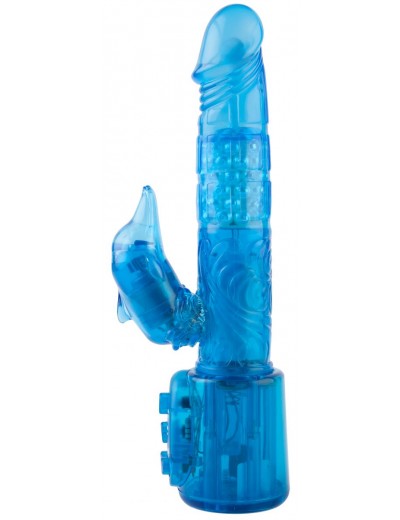 Синий вибратор с клиторальным стимулятором-дельфином - 17,8 см.