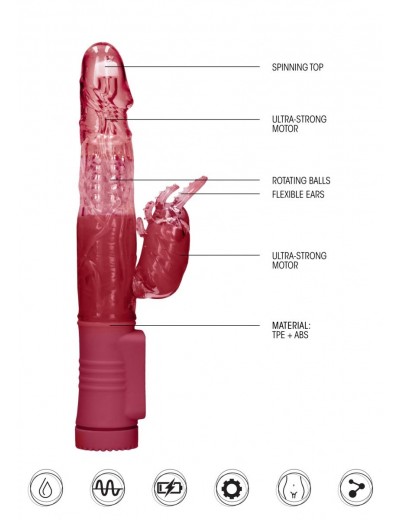 Красный вибратор-кролик Rotating Beetle - 22 см.