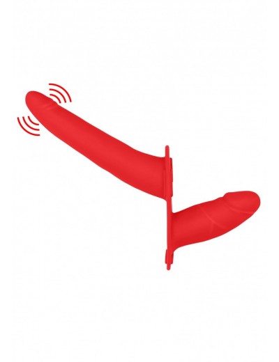 Красный двойной вибрострапон Double Vibrating Silicone Strap-On Adjustable - 15,5 см.