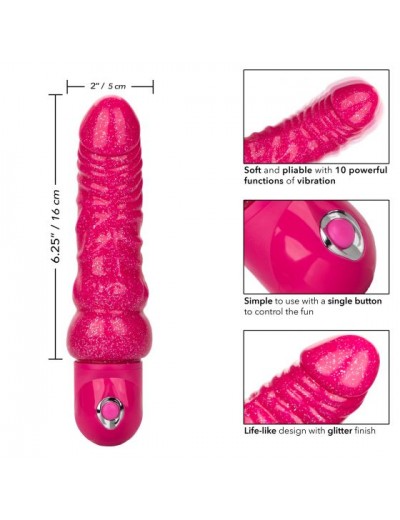 Розовый вибратор-реалистик с блестками Naughty Bits Lady Boner Bendable Personal Vibrator - 20 см.