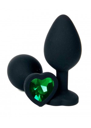 Черная силиконовая пробка с зеленым кристаллом-сердцем - 8,5 см.
