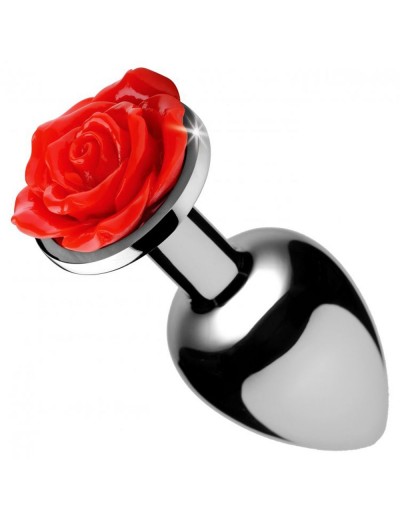 Серебристая анальная пробка с розой Red Rose Butt Plug - 8 см.