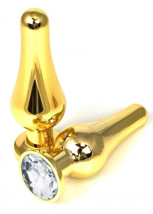 Золотистая удлиненная анальная пробка с прозрачным кристаллом - 10 см.
