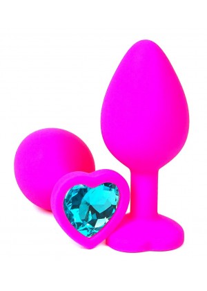 Розовая силиконовая пробка с голубым кристаллом-сердечком - 8 см.