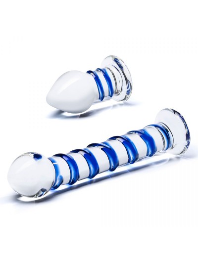 Набор из 2 стеклянных игрушек с синей спиралью Swirly Dildo   Buttplug Set