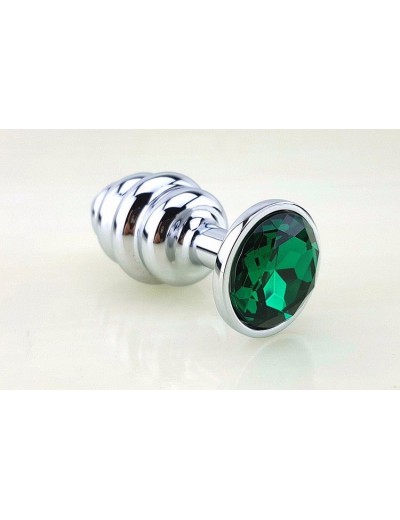 Серебристая рифлёная пробка с зеленым кристаллом - 9 см.