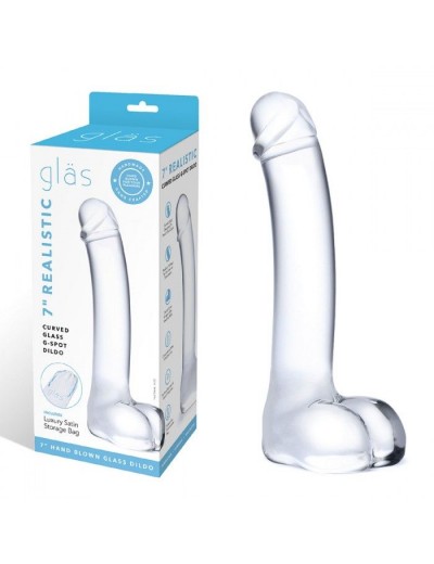 Прозрачный стеклянный фаллос с мошонкой Curved G-Spot - 18 см.