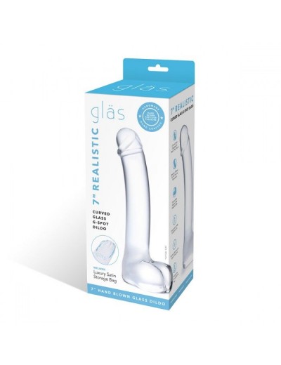 Прозрачный стеклянный фаллос с мошонкой Curved G-Spot - 18 см.