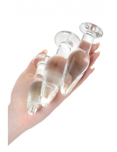 Набор из трех стеклянных анальных пробок с круглым ограничителем Sexus Glass