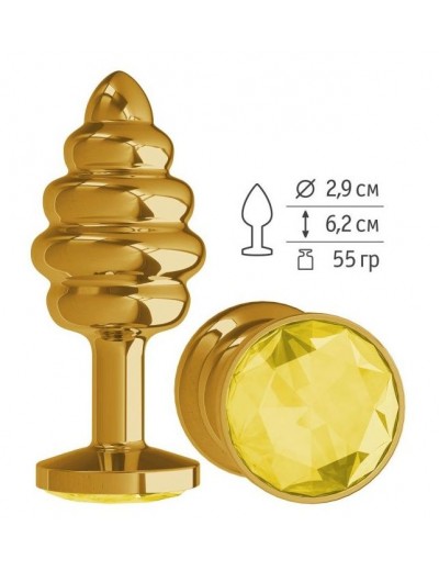 Золотистая спиралевидная анальная пробка с желтым кристаллом - 7 см.