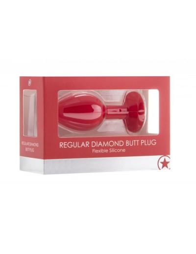 Красная анальная пробка OUCH! Regular Diamond Butt Plug с прозрачным кристаллом - 7,3 см.
