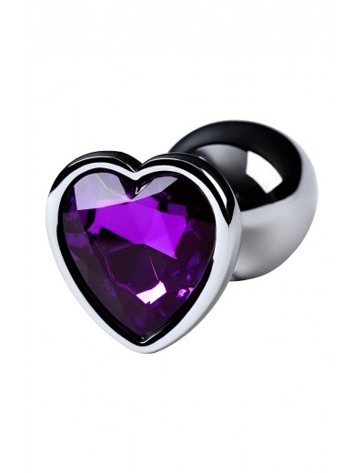 Серебристая коническая анальная пробка с фиолетовым кристаллом-сердечком - 7 см.