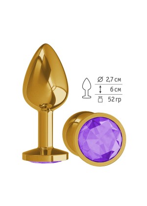Золотистая анальная втулка с фиолетовым кристаллом - 7 см.
