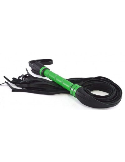 Черная многохвостая плеть с зеленой лаковой ручкой - 60 см.