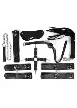 Большой черный набор БДСМ: наручники, оковы, ошейник с поводком, кляп, маска, плеть, фиксатор