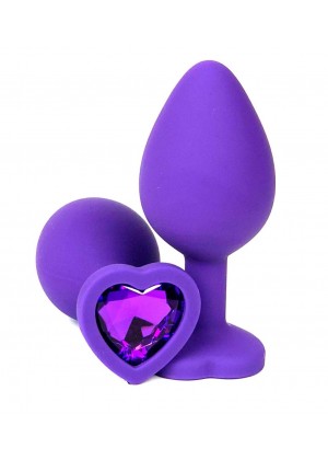 Фиолетовая силиконовая анальная пробка с фиолетовым стразом-сердцем - 8 см.