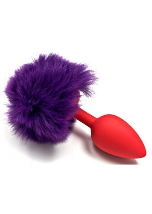 Красная силиконовая анальная пробка с пушистым фиолетовым хвостиком
