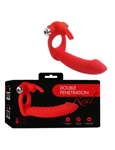 Красная вибронасадка Double Penetration Real с клиторальным зайчиком