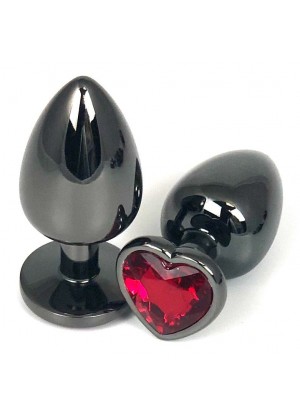 Черная металлическая анальная пробка с красным стразом-сердечком - 7,5 см.