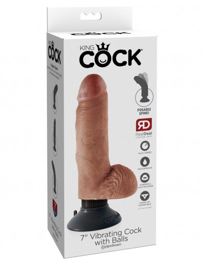 Кофейный вибратор с мошонкой и съемной присоской 7  Vibrating Cock with Balls - 17,8 см.