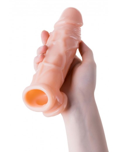 Телесная насадка на пенис с фиксацией мошонки - 18,5 см.