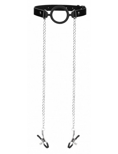 Черный кляп-кольцо с зажимами для сосков O-Ring Gag With Nipple Clamps