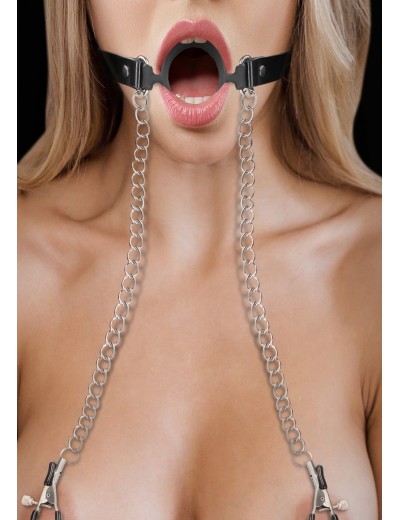 Черный кляп-кольцо с зажимами для сосков O-Ring Gag With Nipple Clamps