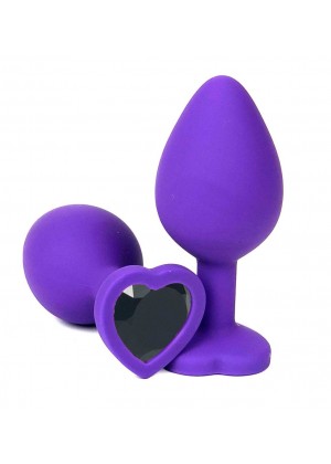 Фиолетовая силиконовая анальная пробка с черным стразом-сердцем - 8 см.
