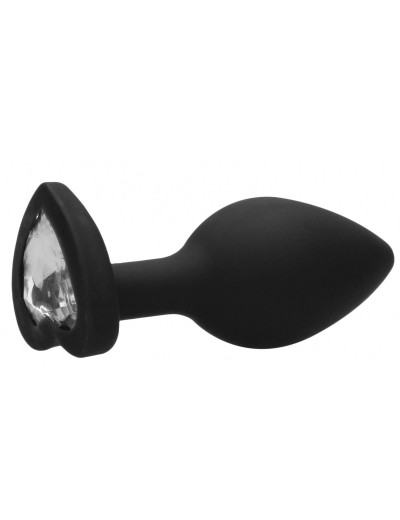Черная анальная пробка с прозрачным стразом Large Ribbed Diamond Heart Plug - 8 см.