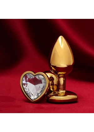 Золотистая анальная пробка с прозрачным кристаллом в форме сердца