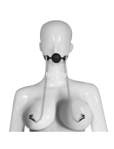 Серебристо-черный кляп с зажимами на соски Breathable Ball Gag With Nipple Clamp