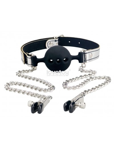 Серебристо-черный кляп с зажимами на соски Breathable Ball Gag With Nipple Clamp