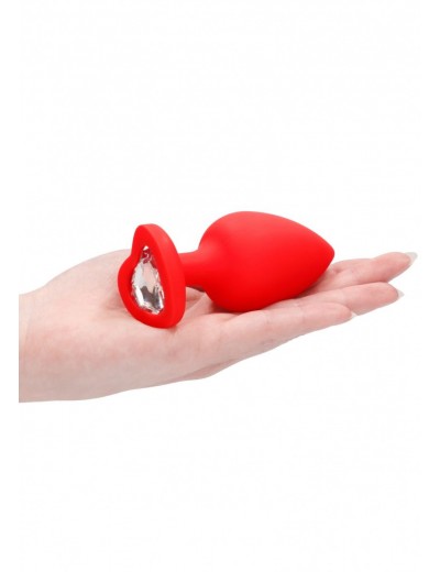 Красная анальная пробка с прозрачным стразом Extra Large Diamond Heart Butt Plug - 9,5 см.