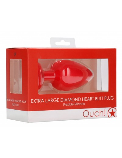 Красная анальная пробка с прозрачным стразом Extra Large Diamond Heart Butt Plug - 9,5 см.