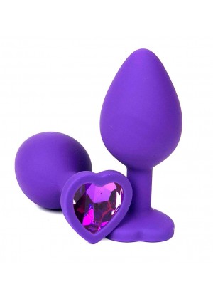 Фиолетовая силиконовая анальная пробка с фиолетовым стразом-сердцем - 10,5 см.