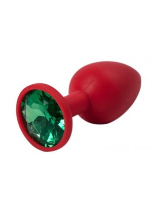 Красная силиконовая анальная пробка с зеленым стразом - 6,8 см.