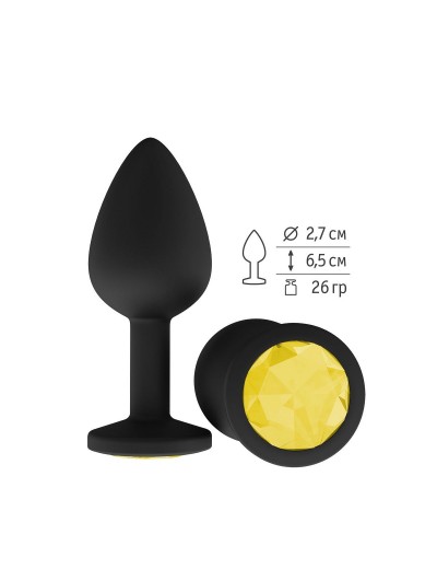 Чёрная анальная втулка с жёлтым кристаллом - 7,3 см.