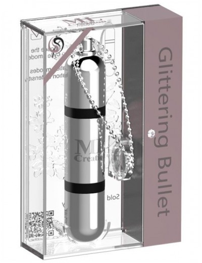 Серебристый мини-вибратор на цепочке Glittering Bullet - 9 см.