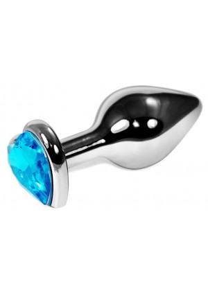 Серебристая анальная пробка с голубым кристаллом-сердечком - 9 см.