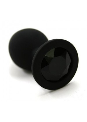 Черная силиконовая анальная пробка с черным стразом - 8 см.