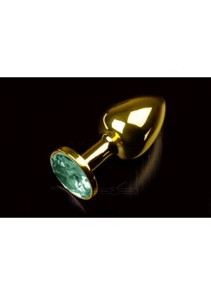 Маленькая золотистая анальная пробка с круглым кончиком и изумрудным кристаллом - 7 см.