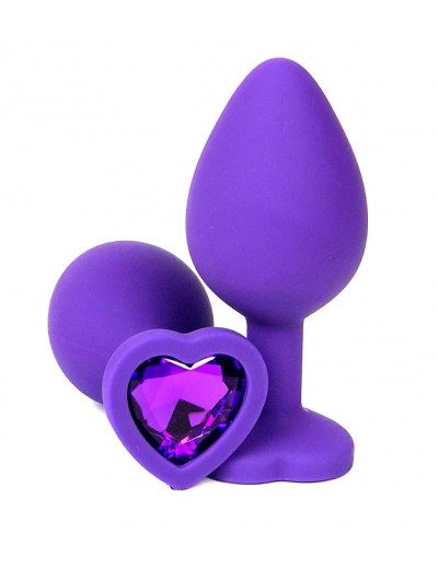 Фиолетовая силиконовая анальная пробка с фиолетовым стразом-сердцем - 8,5 см.